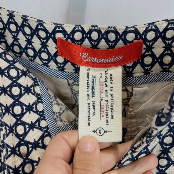 CARTONNIER Size 0 Anthropologie Flat Front Ankle Pants Geometric Beige Navy Blue - Picture 3 of 8